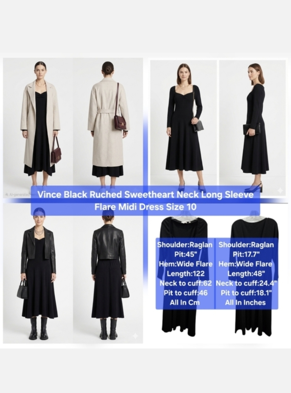 Vince Black Ruched Sweetheart Neck Long Sleeve Flare Midi Dress Size 10